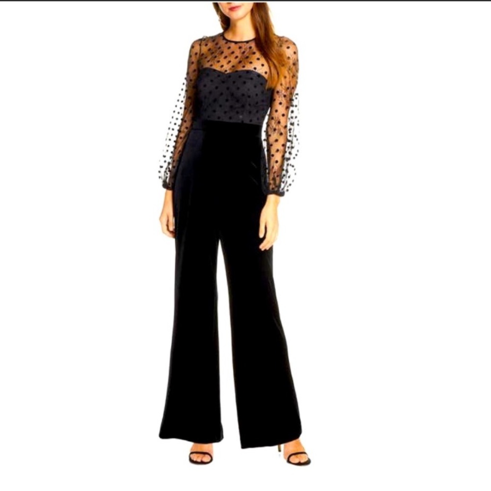 Eliza J. Flocked Dot Mesh & Velvet Jumpsuit